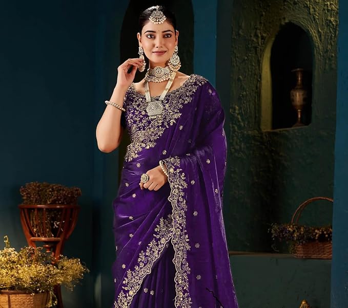 Women's Tissue Silk Sequence Embroidery Saree with Unstitched Blouse Piece