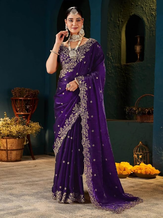 Women's Tissue Silk Sequence Embroidery Saree with Unstitched Blouse Piece