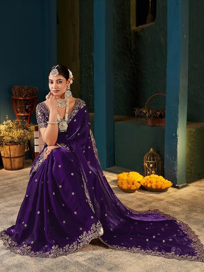 Women's Tissue Silk Sequence Embroidery Saree with Unstitched Blouse Piece