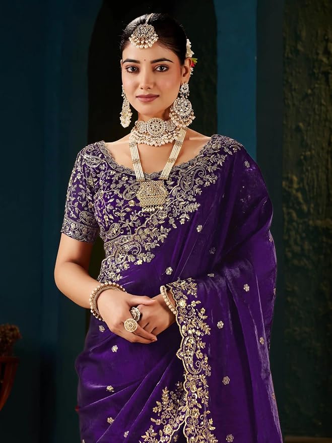 Women's Tissue Silk Sequence Embroidery Saree with Unstitched Blouse Piece