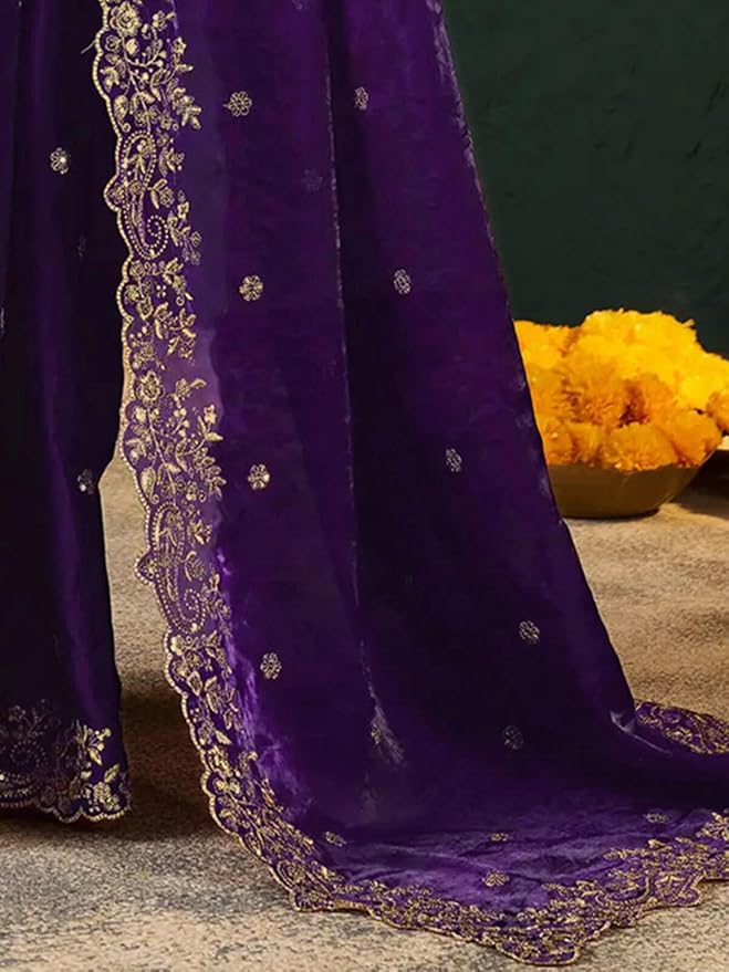 Women's Tissue Silk Sequence Embroidery Saree with Unstitched Blouse Piece