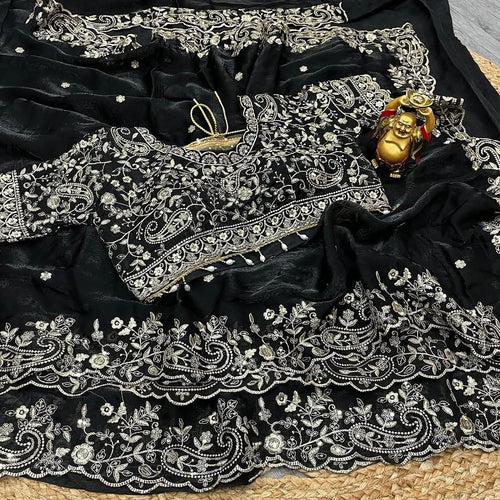 Women's Tissue Silk Sequence Embroidery Saree with Unstitched Blouse Piece