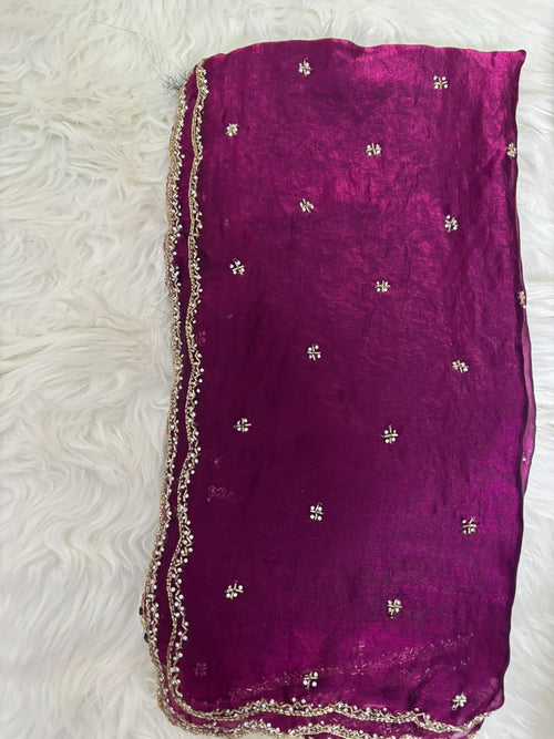 Embellished Beads and Stones Tissue Designer Saree (Hand Crafted)