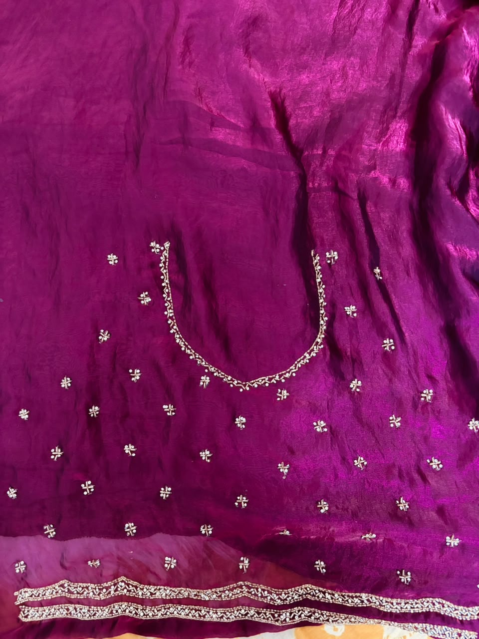 Embellished Beads and Stones Tissue Designer Saree (Hand Crafted)