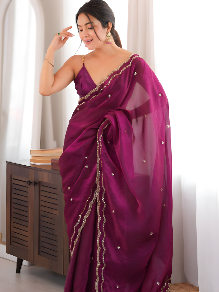 Embellished Beads and Stones Tissue Designer Saree (Hand Crafted)